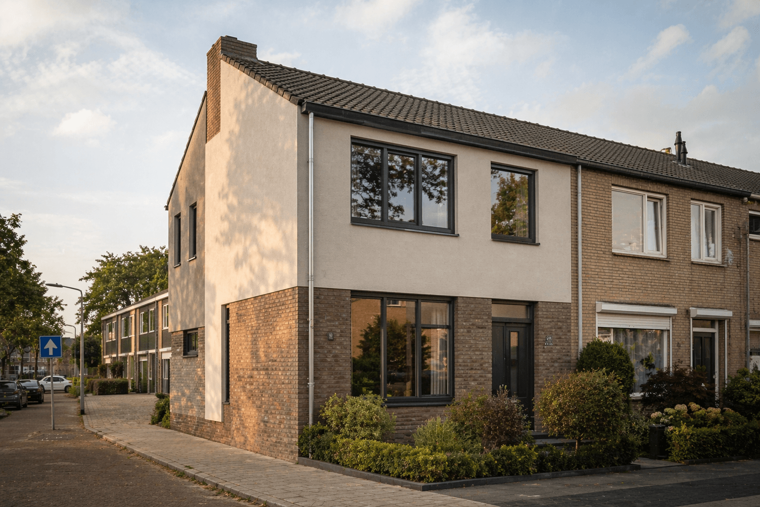 Hoekwoning met nieuwe antraciet kozijnen